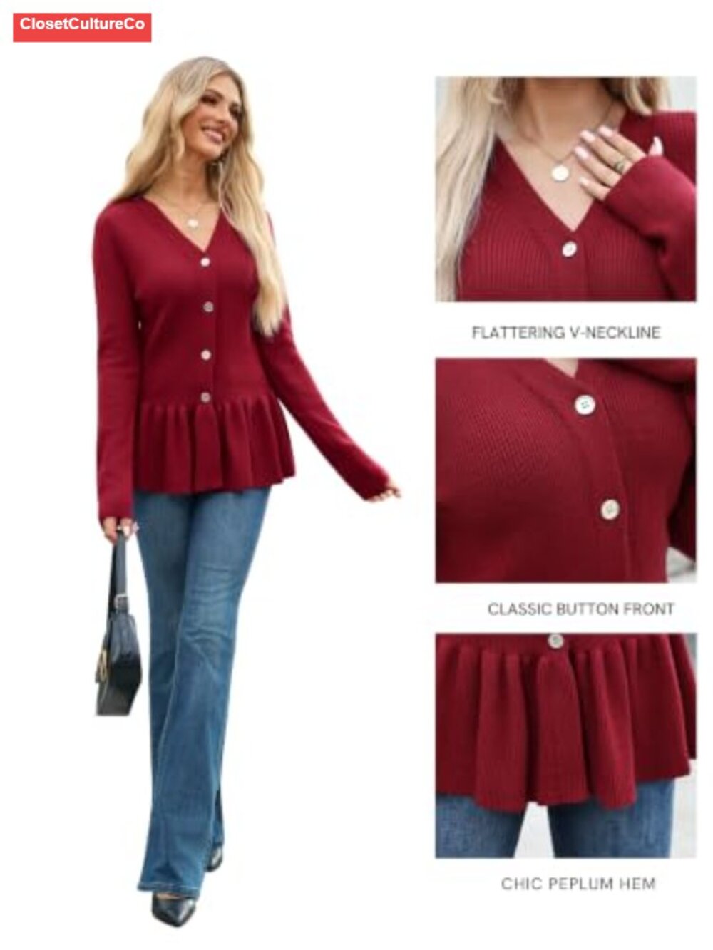 Button Down Ribbed Knit Ruffle Peplum Cardigan Sweater - Picture 3 of 5